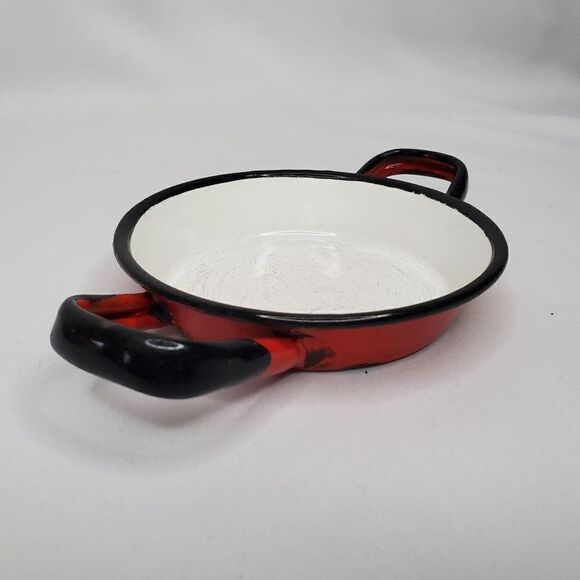 Vintage Poland Enamel Mini Handled Pan Red Black Farmhouse 3.5" Bottom Diameter - Picture 2 of 9